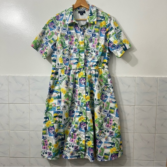Studio Park S Petite Cotton Postcard Hawaii Vacation Short Sleeve Shirt Dress - Picture 1 of 12